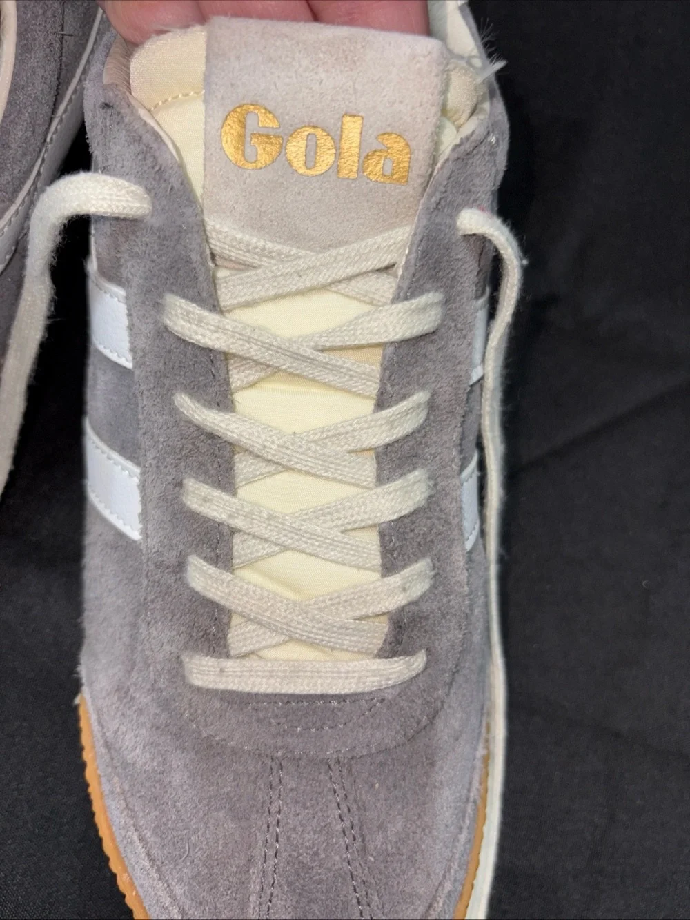 Gola women’s size 9 Gray Suede Sneakers with White Stripes and Gum Sole